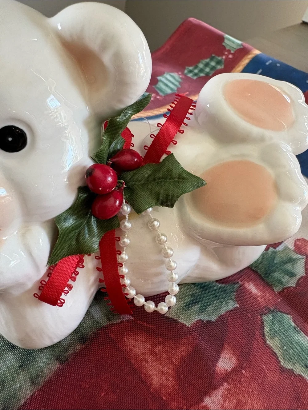 Vintage Christmas White Ceramic Teddy Bear Figurine Retro Decor Holiday Mantle